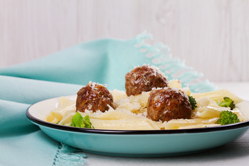 Pasta with Beef Sausage Meatballs and Broccoli. Penne with Sausages