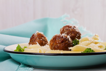 Pasta with Beef Sausage Meatballs and Broccoli. Penne with Sausages