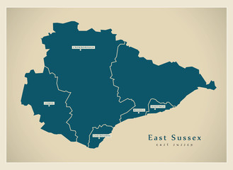 Modern Map - East Sussex county with districts UK