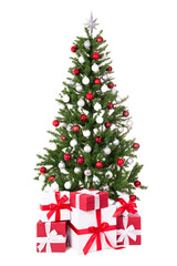 Decorated christmas tree with colorful balls and gifts isolated