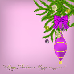 Merry Christmas  Greeting card with  Christmas tree, ball and bo