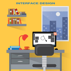 Home Designer Workplace - Vector Illustration, Graphic Design. For Web, Websites, Print, Presentation Templates, Mobile Applications And Promotional Materials