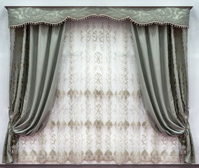 The stylish design of the windows in the interior. Combined curtains made of the natural fabrics. A...