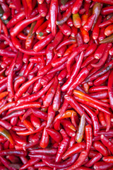 Full frame background of red hot chili peppers at outdoor market in Bangkok, Thailand