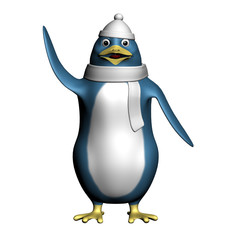 cute happy penguin in a white hat and scarf waving hand 3d illustration render