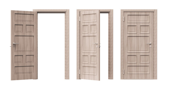 Tre porte aperte e chiuse in legno