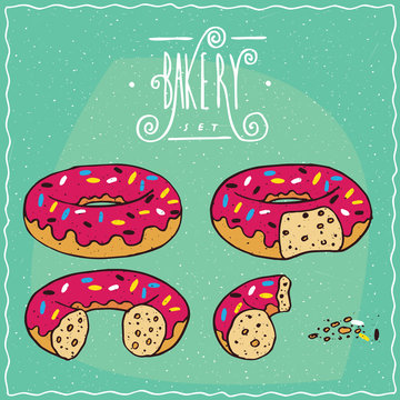 Set of pink glazed donuts in different stages of eating, New, One bite, Part of donut, One piece with crumbs. Ornate lettering bakery. Handmade cartoon style