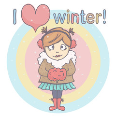 Sweet little happy girl standing and smiling while is snowing. Vector cartoon of cute girl with snowflakes falling.