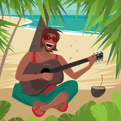 Carefree fun guy sitting on a beach under a palm tree, plays guitar and sings, standing next to a coconut drink. Front view - Happiness or Freedom concept