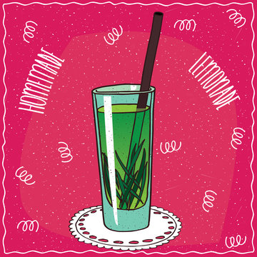 Homemade tarragon lemonade in a glass with straw, lie on lacy napkin. Magenta background. Handmade cartoon style