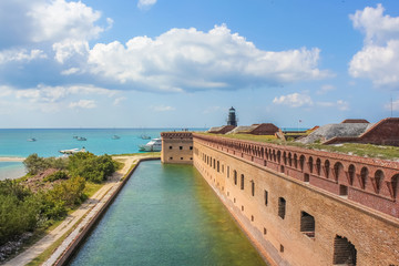 Aerial view of Fort Jefferson on the Caribbean sea of the Gulf of Mexico. Dry Tortugas National Park is 70 miles from Key West in Florida and can be reached by ferry or seaplane.