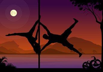Halloween Style Silhouette of Pole Dancers. Black vector silhouette of male and female pole dancer performing duo tricks in front of river and full moon at night.