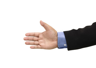 Close up hands business man with an open hand ready to seal a deal   isolated on white background