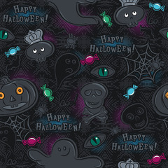 Seamless Pattern with Halloween objects on blackboard