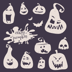 Vector illustration of set smiling pumpkins for happy Halloween. Cartoon pumpkins silhouette icon badges, happy Halloween logos emblems and labels on dark background