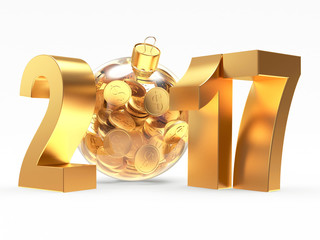 2017 New Year with transparent Christmas ball full of golden coins isolated on white background. 3D illustration