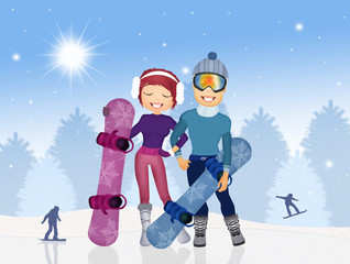girl and man with snowboard