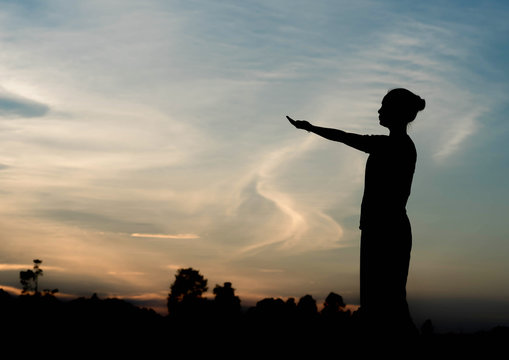 silhouette young woman pointing forward  in sunset sky