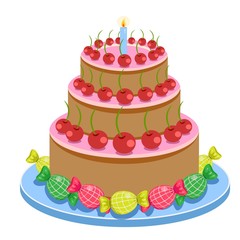 Birthday Cake With Candles And Candies Isolated On White Background Vector Illustration.
