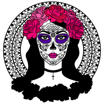 Girl with sugar skull makeup. Calavera Catrina. Day of the dead
