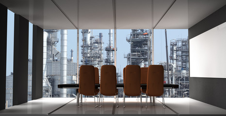 Modern conference room with furniture,  big windows and oil refinary plant background / 3D Render