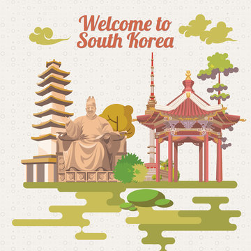 South Korea travel vecto poster with pagodas and traditional signs. Korea Journey card with korean objects.