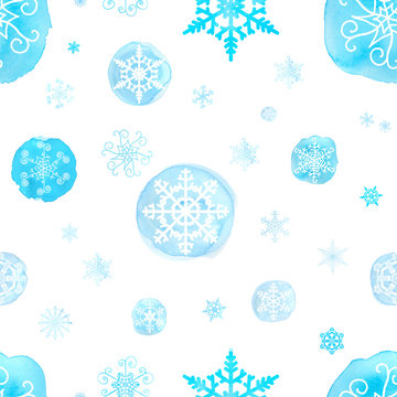 Seamless pattern with watercolor Christmas snowflakes
