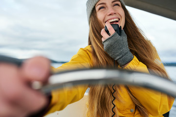 Young woman talking on the radio