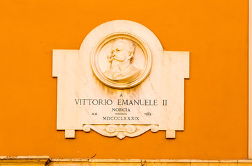 Norcia, Italy. Bas-relief in honor of a visit to the city of King Victor Emmanuel II