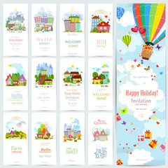 sweet set banners of cute cityscape. Urban landscape of four sea