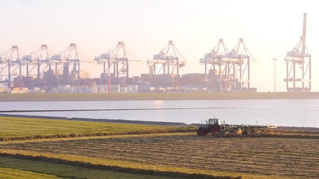 Heuwender auf den Deichwiesen vor Container-Terminal Bremerhaven