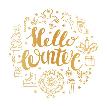 Hello winter handlettering with christmas elements. Winter season card, greeting