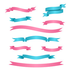 Blue and pink ribbon banners on white background. Vector illustration.