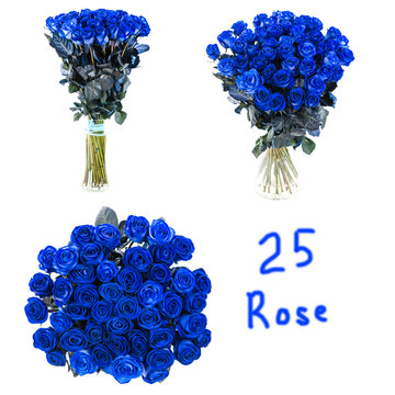 Fototapeta set of bouquet blue roses in a vase isolated on white background
