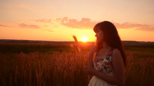 Beauty girl stand on yellow wheat field over sunset sky. Freedom concept. Happy woman outdoors. Harvest. Wheat field in sunset.