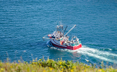 Fototapeta premium Bright red fishing boat heads out to sea on sunny summer day from St. John's harbor Newfoundland, Canada. 