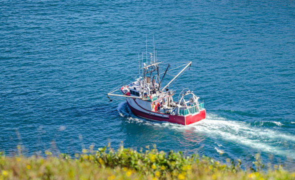 Bright red fishing boat heads out to sea on sunny summer day from St. John's harbor Newfoundland, Canada. 