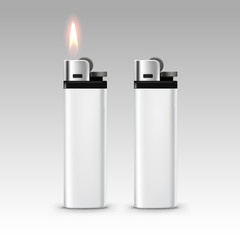 Vector Blank White Plastic Lighters with Flame Isolated on Background