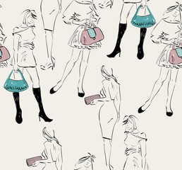 Seamless background with cute beautiful fashionable woman