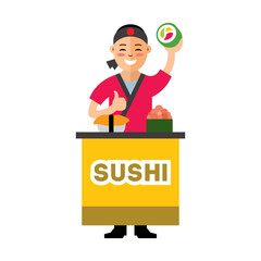 Vector Sushi Chef. Flat style colorful Cartoon illustration.