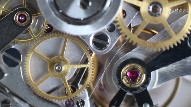 Top view of a clock mechanism working, watch gears background, vintage technology, precision device concept, macro hd