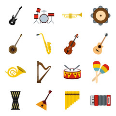 Musical instruments icons set in flat style. Orchestra instruments set collection vector illustration