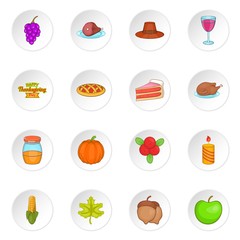 Thanksgiving icons set in cartoon style. Autumn elements set collection vector illustration