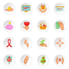 Charity organization icons set in cartoon style. Donation set collection vector illustration