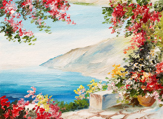 oil painting - house near the sea, colorful flowers, summer seascape