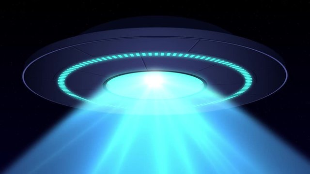 Alien UFO saucer flying and scanning on Earth. 4K loop animation