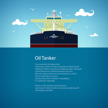 Front View of the Oil Tanker and Text, International Freight Transportation, Vessel for the Transportation of Goods, Poster Brochure Flyer Design, Vector Illustration