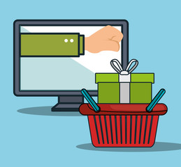 monitor computer and hand with shopping basket with gift box. shopping online theme colorful design. vector illustration