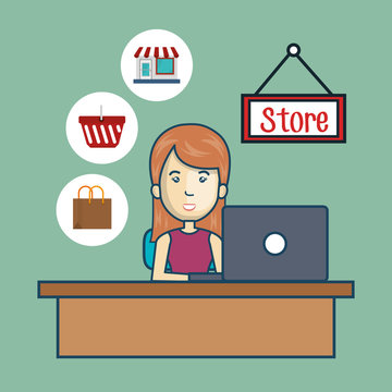 avatar woman working on desk with laptop and shopping online and store icon set. colorful design. vector illustration