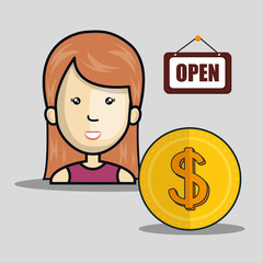 avatar woman smiling with gold money coin and open sign store